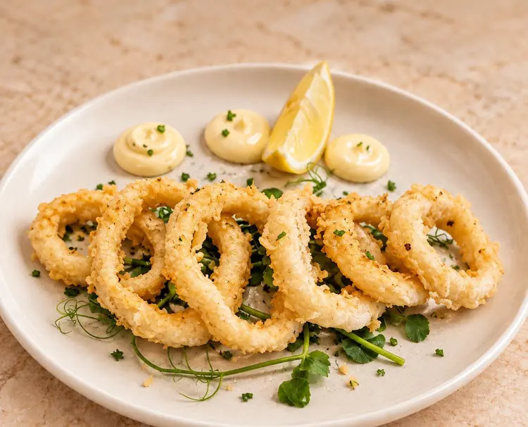 Fried calamari rings with aioli and lemon