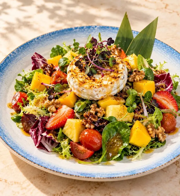 Warm goat’s cheese salad with mango, strawberries and walnuts