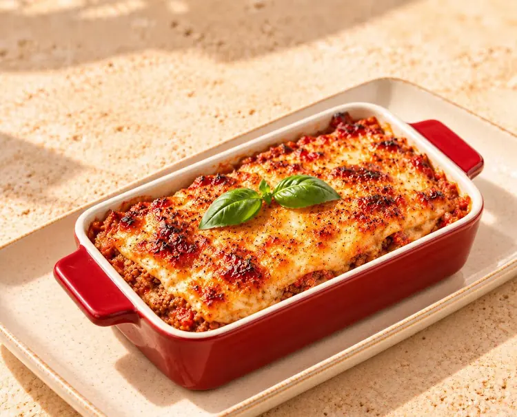 Beef lasagne in a red baking dish