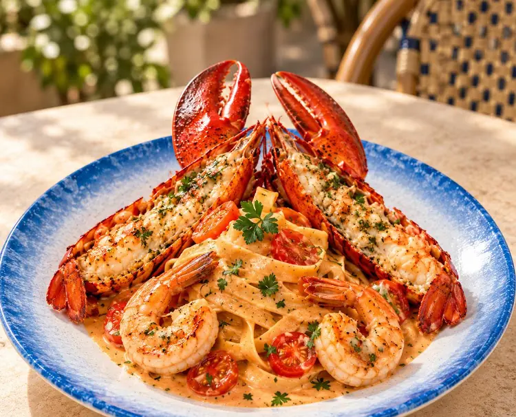 Lobster tagliatelle with prawns in a blue-rimmed bowl