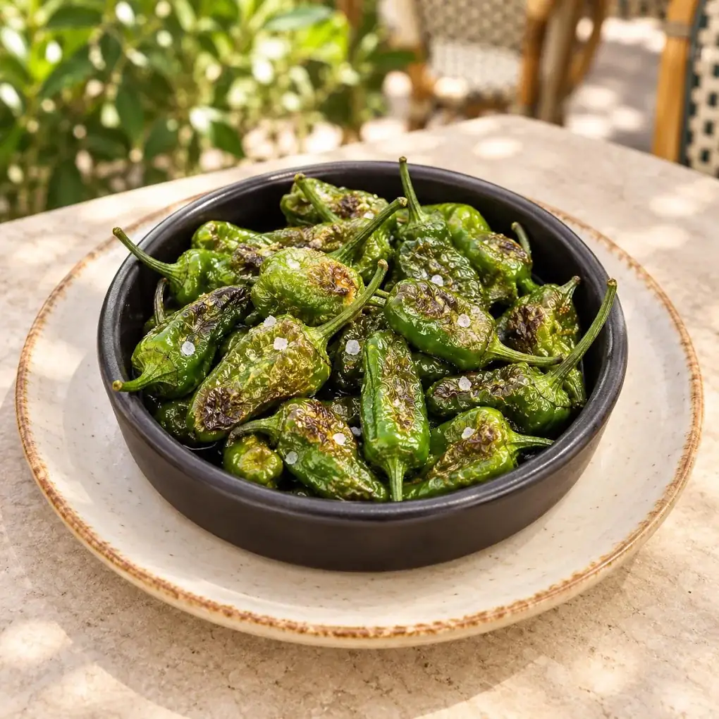 Blistered Padrón peppers in a dark bowl
