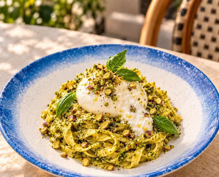 Pesto tagliatelle topped with burrata and pistachio