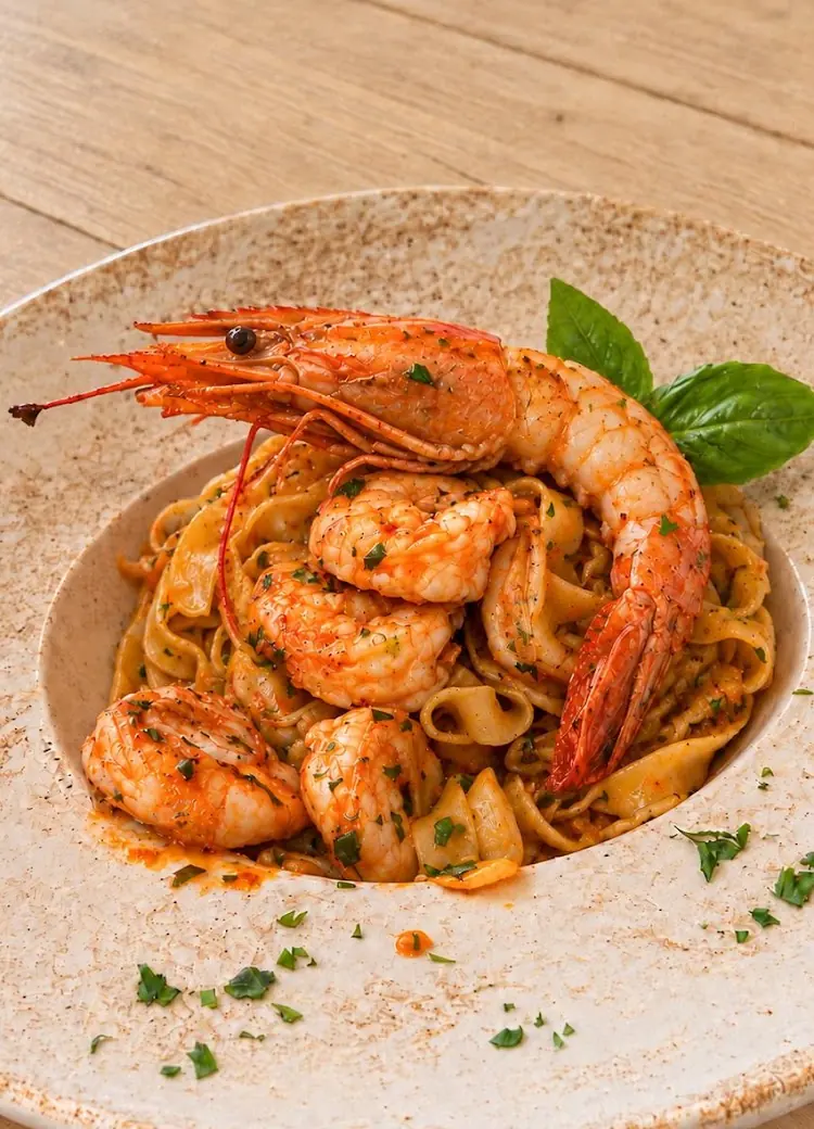Tagliatelle with garlic prawns and a whole langoustine