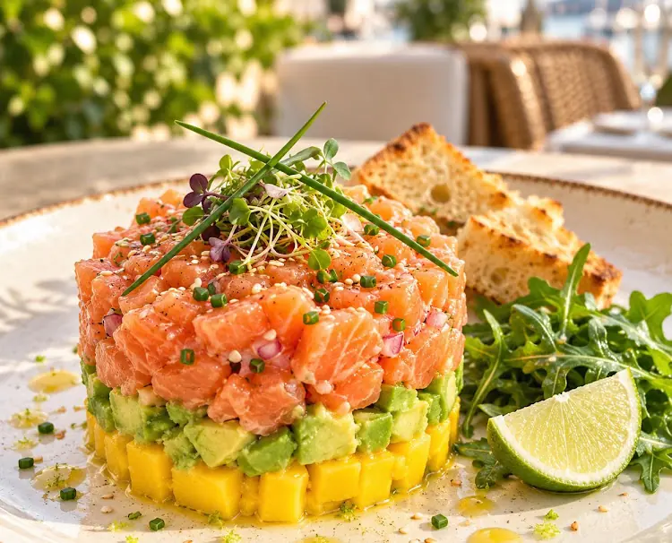 Salmon tartare layered over avocado and mango, with lime and toast